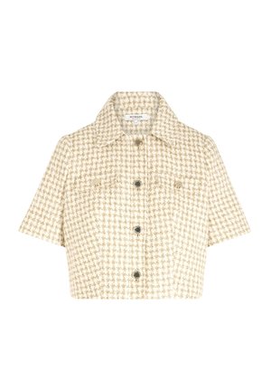 Veste cropped en tweed beige et crème à motif à carreaux. Dotée d'un col pointu, de manches courtes et d'une fermeture à boutons apparents avec deux poches.