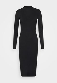 Robe noire à manches longues en maille côtelée, avec un col haut, une silhouette ajustée et une longueur jusqu'aux genoux, conçue en tissu tricoté extensible.
