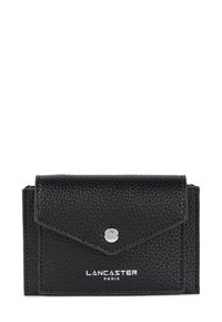 Black leather wallet with a textured finish, featuring a triangular flap, silver snap closure, and embossed "LANCASTER PARIS" logo at the front.