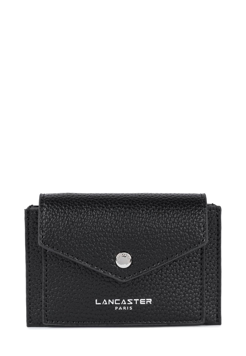 Black leather wallet with a textured finish, featuring a triangular flap, silver snap closure, and embossed "LANCASTER PARIS" logo at the front.
