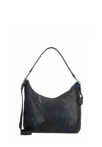 Borsa a spalla in pelle nera con design curvo, tracolla regolabile e dettagli in hardware argentato. Presenta un accento del logo appendibile.
