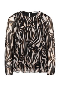 Blouse à manches longues noir et crème avec un motif ondulé, dotée d'un col rond et d'une petite ouverture en forme de trou de serrure au dos. Fabriquée en tissu léger.
