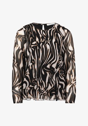 Schwarz- und cremefarbende Bluse mit langen Ärmeln und wellenförmigem Muster, rundem Ausschnitt und einer kleinen Öffnung mit Schlüsselloch im Rücken. Hergestellt aus leichtem Stoff.