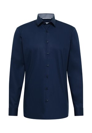 Navy blue long-sleeve button-up shirt with a patterned collar. Features a smooth fabric, classic fit, and standard cuffs with button closures.