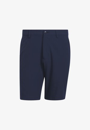 Marineblauwe shorts gemaakt van een zachte, gladde stof. Voorzien van een sluiting met een knoop aan de voorkant en twee zijzakken. Aangesneden pasvorm met strakke lijnen.