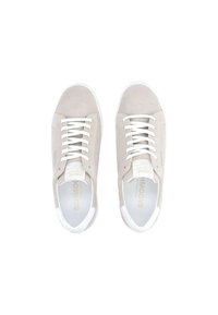 Hellgraue Wildlederschuhe mit weißen Schnürsenkeln und Gummisohlen; Logo auf der Zunge sichtbar, minimalistisches Design und schlanke Form.