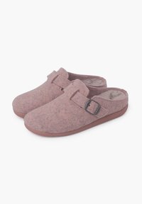 Zoccoli in feltro rosa con un morbido rivestimento interno; presentano una fibbia e una punta arrotondata. Texture sottile con una suola in gomma resistente.