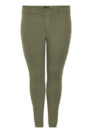 Oliivirohelised kitsad püksid ees taskute, vööaasade ja keskmise kõrgusega vöökohtadega.