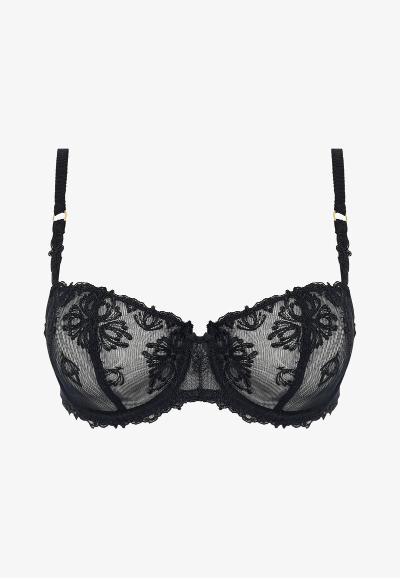 Černá krajková podprsenka s vyšívanými květinovými vzory, kosticovou podporou, nastavitelnými ramínky a zaobleným okrajem podprsenkových košíčků.