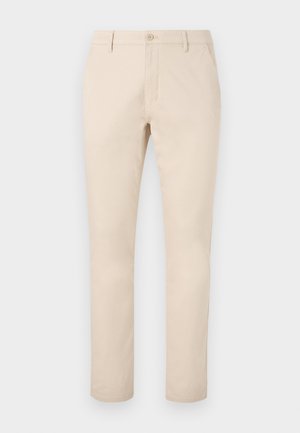 Beige cotton chinos with a straight-leg cut, zip fly, button closure, and side pockets. Smooth texture; no visible patterns or accents.