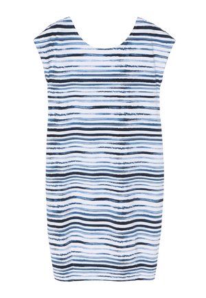 Gestreepte jurk met een ronde hals, voorzien van blauwe, zwarte en witte horizontale lijnen in verschillende breedtes op een zachte stof.