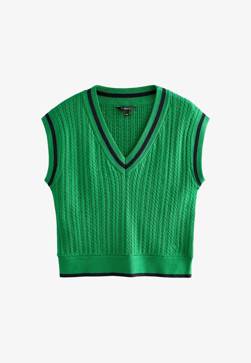 Grüne ärmellose Kabelstrickweste mit marineblauen Besätzen am V-Ausschnitt, an den Armlöchern und am Saum.