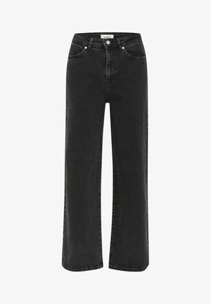 Sorte brede jeans lavet af denim, med høj talje, frontlommer og lynlås med knaplukning. Diskret falmning på stoffet.