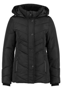 Giacca a vento nera imbottita con chiusura zip frontale, cappuccio e tasche laterali. Presenta una texture trapuntata e polsini a costine. Design leggero e isolato.