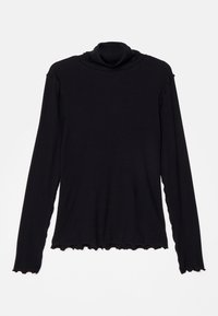 Chemise noire à manches longues col roulé avec bordure ondulée sur le col, les poignets et l'ourlet, sur fond blanc uni.