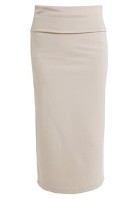 Beige midi sukně vyrobená z měkké, elastické látky. Má vysoký skládací pas a hladký siluetu bez vzorů či zdobení.
