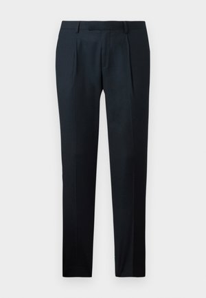 Pantalon noir sur mesure en tissu lisse, présentant un design slim fit, deux plis avant et une taille plate sans matériel visible.