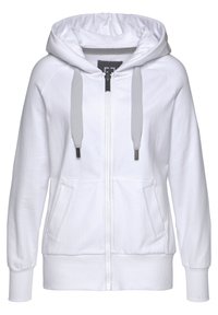 Felpa bianca con zip realizzata in tessuto morbido. Presenta un cappuccio, tasche frontali, stringhe grigie e polsini e fondo a coste. Design semplice.
