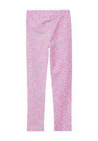 Roze bloemenleggings met een lichtgrijze achtergrond, voorzien van een rekbare tailleband en verspreide, kleine bloemenpatronen.
