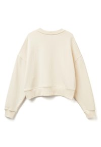 Felpa corta color crema, caratterizzata da un collo a girocollo a coste, spalle scese e tessuto texturizzato con un design semplice.