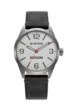 Orologio tondo d'argento con quadrante bianco, cinturino in pelle nera, lancette nere di ore e minuti, lancetta rossa dei secondi e numeri 12, 3, 6 e 9.