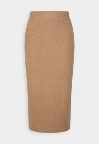 Jupe crayon en maille côtelée beige avec une taille haute et un ourlet droit, présentée à plat sur un fond blanc.