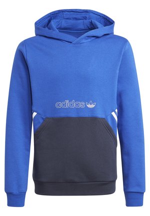 Modrá a tmavě šedá mikina Adidas s kapucí, přední kapsou kangaroo, kapucí, dlouhými rukávy a bílým logem Adidas uprostřed na hrudi.