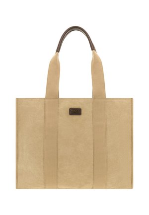 Beige Canvas-Einkaufstasche mit zwei breiten Trägern, lederummantelten Griffen und einem kleinen braunen Aufnäher mit der Aufschrift "Boggi Milano" auf der Vorderseite.