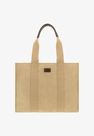 Béžová plátěná taška s dvěma širokými popruhy, koženými držadly a malou hnědou nášivkou "Boggi Milano" na přední straně.