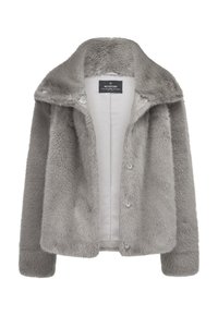 Graue Felljacke aus Kunstfell mit kragenähnlichem Ausschnitt, Druckknöpfen an der Vorderseite und weicher Textur. Innenfutter für zusätzlichen Komfort.