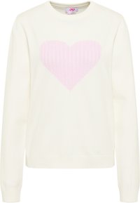 Pull léger crème avec un motif de cœur texturé rose. Présente des manches longues, un col rond et des poignets et un ourlet côtelés.