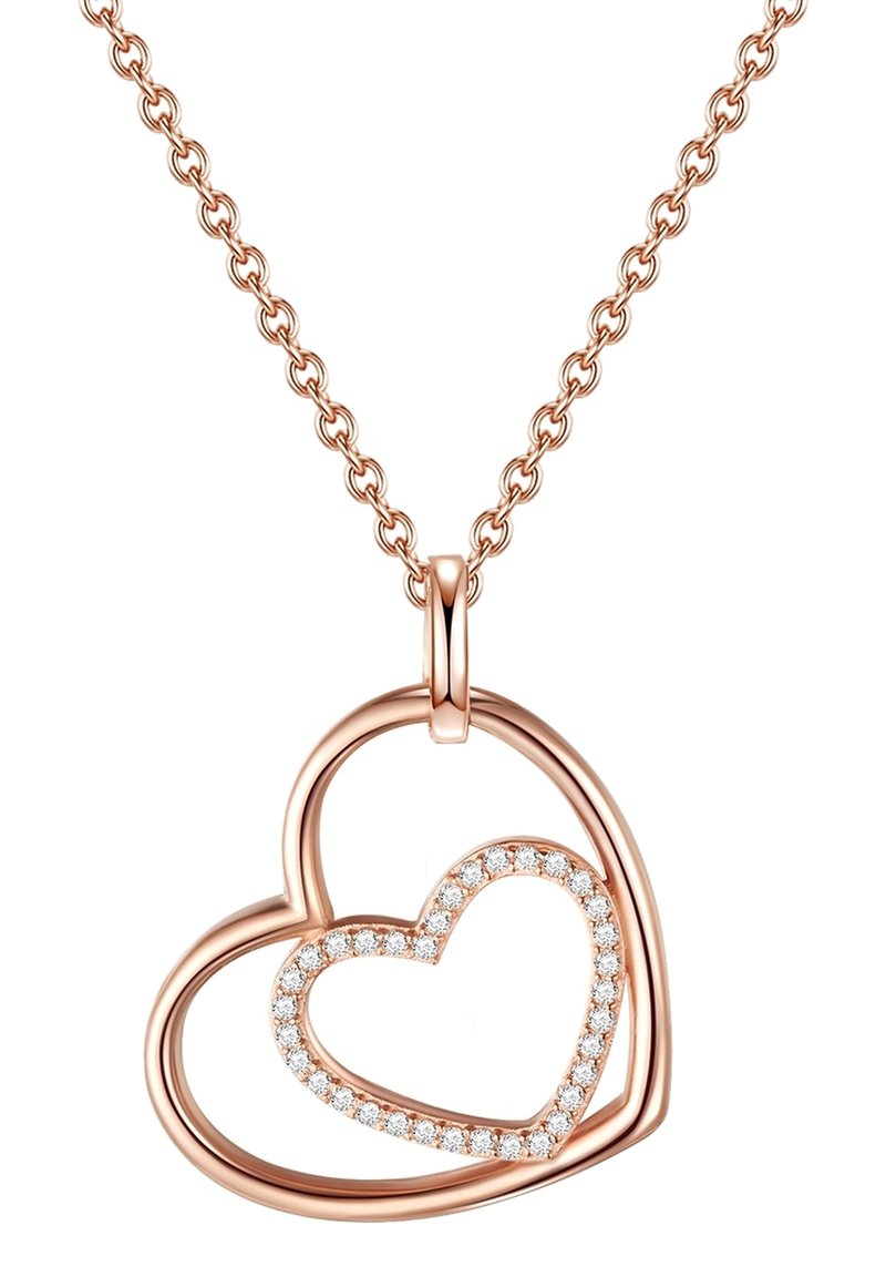 Ciondolo in oro rosa con due cuori intrecciati, il cuore interno decorato con pietre preziose trasparenti, attaccato a una delicata catena.