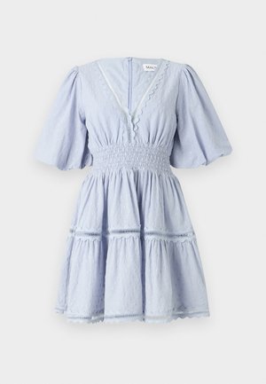 Light blue dress with puff sleeves, smocked waist, and tiered skirt. Features dotted texture and delicate lace trim along the neckline and hem.