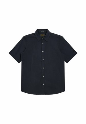 Granatowa koszula z krótkim rękawem wykonana z teksturowanej tkaniny, z kołnierzykiem na guziki i białymi guzikami, posiadająca prosty krój na dole.