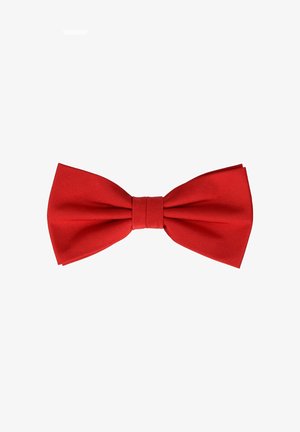 Red bow tie made of satin fabric, featuring a classic symmetrical shape with a central knot and smooth texture.