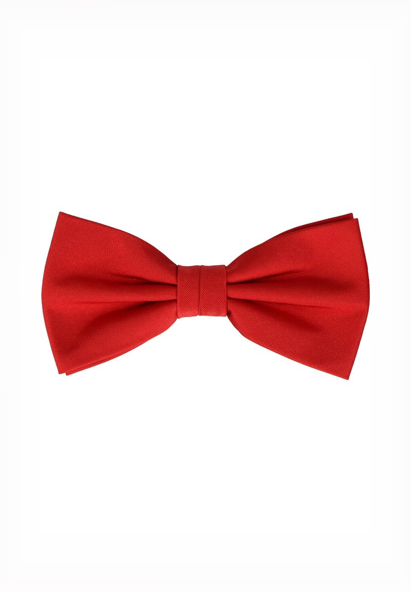 Rote Fliege aus Satin, mit klassischer symmetrischer Form, zentralem Knoten und glatter Textur.