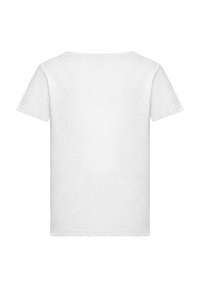 White cotton t-shirt with short sleeves, round neckline, and a smooth texture. No visible patterns or graphics on the back.