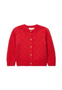 Cardigan rouge en tricot avec un motif floral texturé, col rond et boutons en bois sur le devant. Poignets côtelés et ourlet.