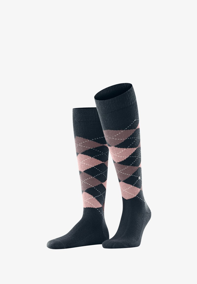 Calze al ginocchio con una base grigio scuro, un motivo argyle rosa e grigio chiaro e dettagli bianchi.