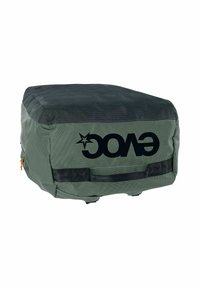 Green fabric bag with a structured shape, featuring a black logo, orange zipper, and black accents. Textured surface and durable design.