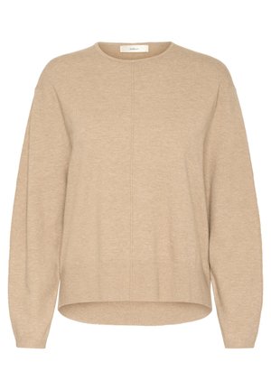 Maglione beige lavorato a maglia con scollo rotondo, maniche lunghe e una vestibilità rilassata. Presenta dettagli con cuciture verticali e un orlo leggermente curvo.