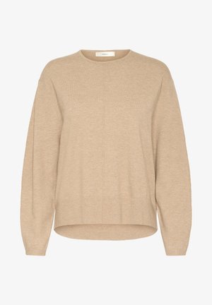 Bežinis megztinis su apvalia iškirpte, ilgomis rankovėmis ir laisvu siluetu. Turi vertikalių siūlių detales ir šiek tiek išlenktą apatinę dalį.