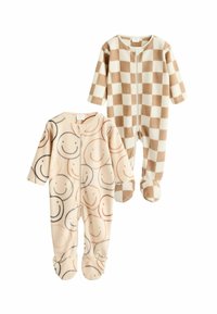 Zwei Kinder-Zip-Up-Overalls: einer in Beige mit Smiley-Gesichtern, der andere im karierten braun-beigen Muster, beide aus weichem Fleece-Material.