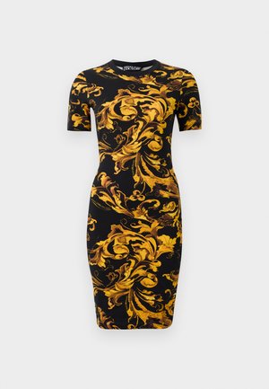 Black dress with short sleeves, featuring a gold baroque pattern. Form-fitting design, smooth texture, and knee-length silhouette.