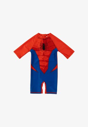 Roter und blauer kurzärmliger Badeanzug mit einem Spinnengrafik und Netzmuster auf der Brust. Dehnbare Stoff mit einer glatten Textur.