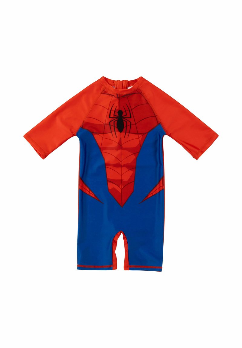 Costume da bagno corto a maniche corte rosso e blu con grafica di un ragno e motivo a ragnatela sul petto. Tessuto elasticizzato con una superficie liscia.
