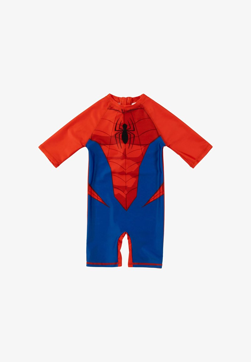 Costume da bagno corto a maniche corte rosso e blu con grafica di un ragno e motivo a ragnatela sul petto. Tessuto elasticizzato con una superficie liscia.