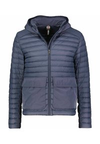 Marinblå puffjacka med dragkedja, huva och två framfickor med klaff. Har en quiltad yta och mjuk tygkonstruktion.