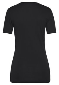 Black short-sleeved T-shirt with a round neckline, made from smooth, lightweight fabric. Features a fitted shape and clean, hemmed edges.