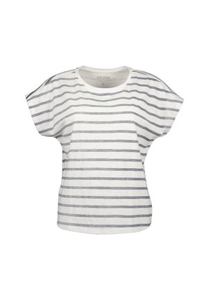 Hvid T-shirt med grå vandrette striber, korte ærmer, bred halsudskæring og løs pasform. Fremstillet af let bomuldsstof.